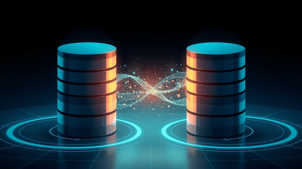 Diagramma astratto che mostra due database interconnessi da un ponte luminoso, con flussi di dati stilizzati che si muovono in entrambe le direzioni senza duplicazione, palette blu-verde su sfondo scuro