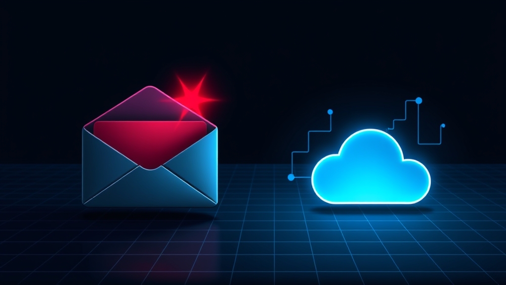 Illustrazione concettuale di una comunicazione email fraudolenta che si spaccia per un servizio di telefonia cloud, con icone di Microsoft 365 e RingCentral