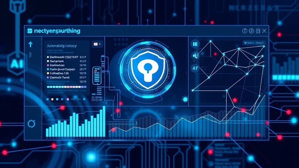 Schermata di un dashboard di sicurezza con indicatori di minaccia e strumenti AI