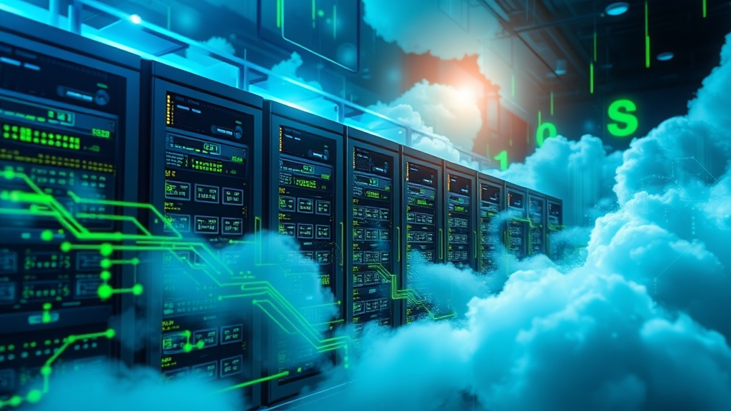 Composizione di server, nuvole e flussi di dati in stile tech magazine