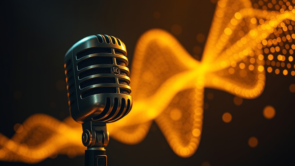 Rappresentazione artistica di un microfono vintage circondato da onde sonore digitali e particelle di luce dorata