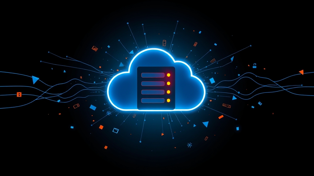 Illustrazione concettuale di un server cloud circondato da cerchi di connessione interrotti, con tonalità blu e arancione su sfondo scuro