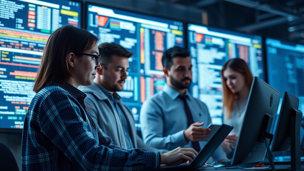 Team di sicurezza informatica che analizza dati su schermi luminosi in un ambiente moderno
