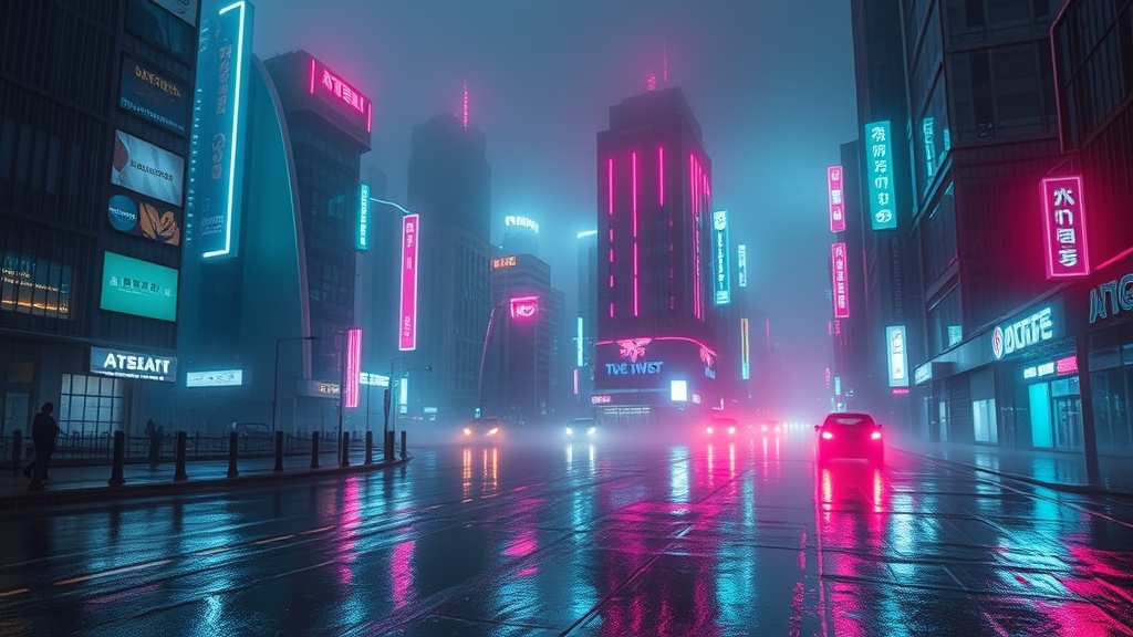 Atmosfera cyberpunk con luci al neon blu e rosa in una città futuristica piovosa.