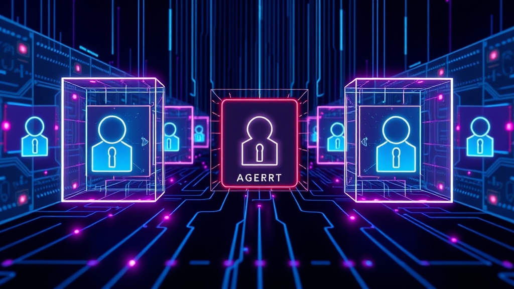 Illustrazione concettuale di sicurezza AI con barriere di rete e agenti autonomi