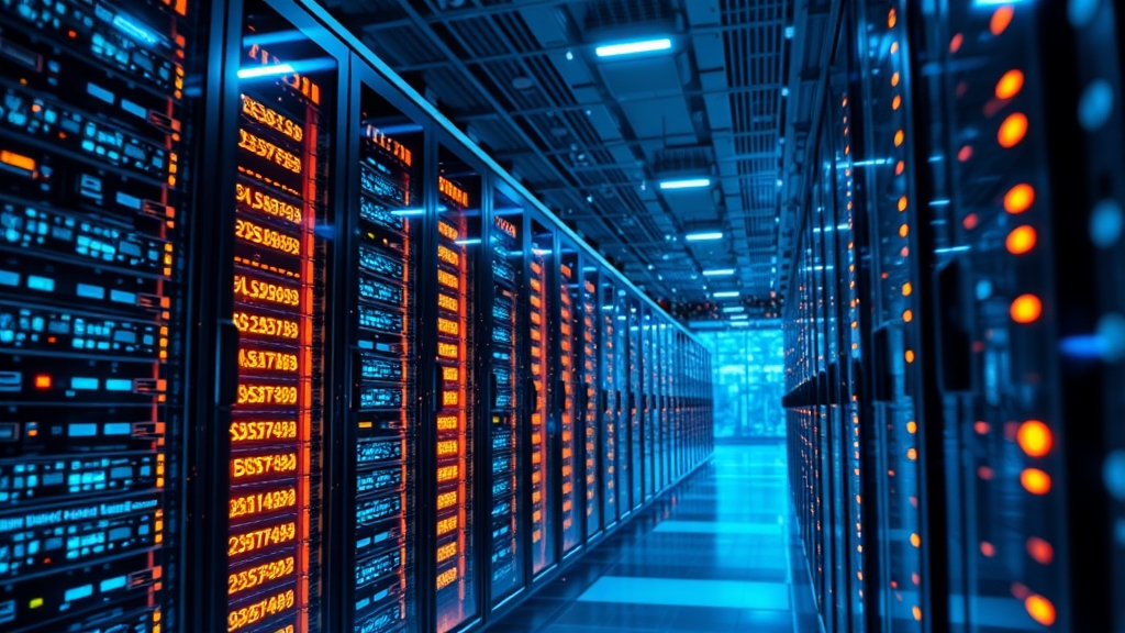Scena di server e cavi in una stanza high‑tech con luci blu e ciano, nuvole di dati che fluttuano, atmosfera professionale e futuristica