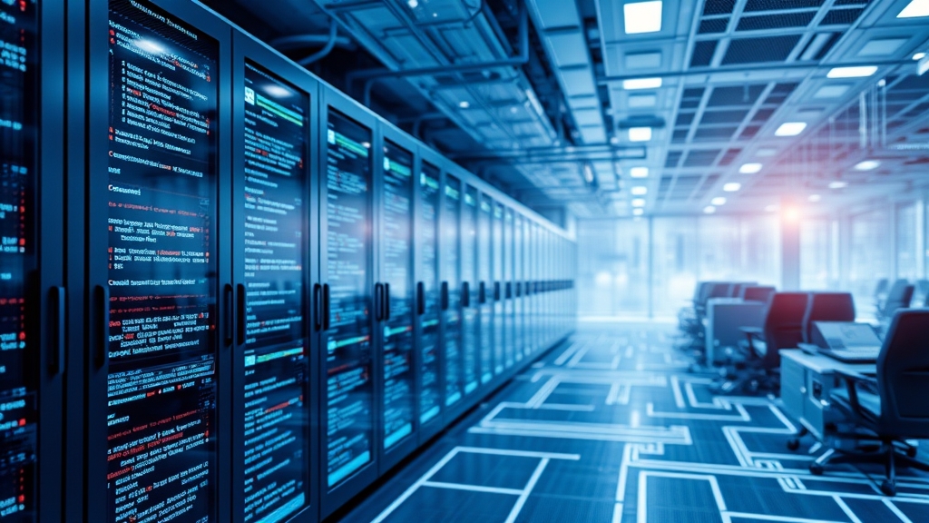 Ambiente cloud tech con server, codice, flussi di lavoro AI e dispositivi, colori blu e bianco, senza testo visibile