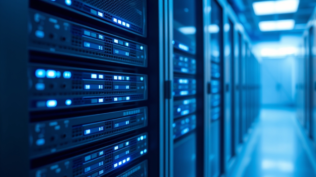 Ambiente high‑tech con server rack, cavi blu, interfacce trasparenti e nuvole di dati, tonalità fredde di blu e grigio