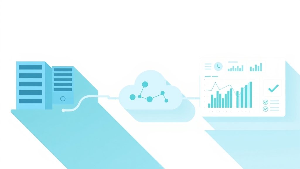 Diagramma astratto di una pipeline dati che fluisce da server on-premise verso un cloud stilizzato, con icone di orchestrazione e monitoraggio, palette blu-verde su sfondo chiaro