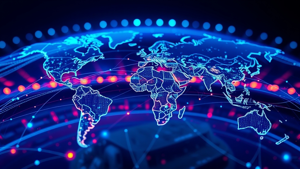 Una rappresentazione astratta di flussi di dati luminosi che si intrecciano su un mappamondo digitale, con colori vibranti che richiamano l'energia di un grande evento sportivo.