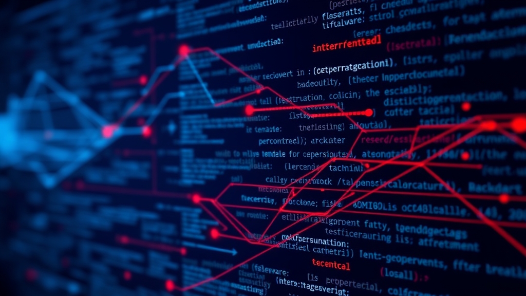 Schermata astratta di un terminale con codice rosso su sfondo scuro, simbolo di analisi malware e threat hunting