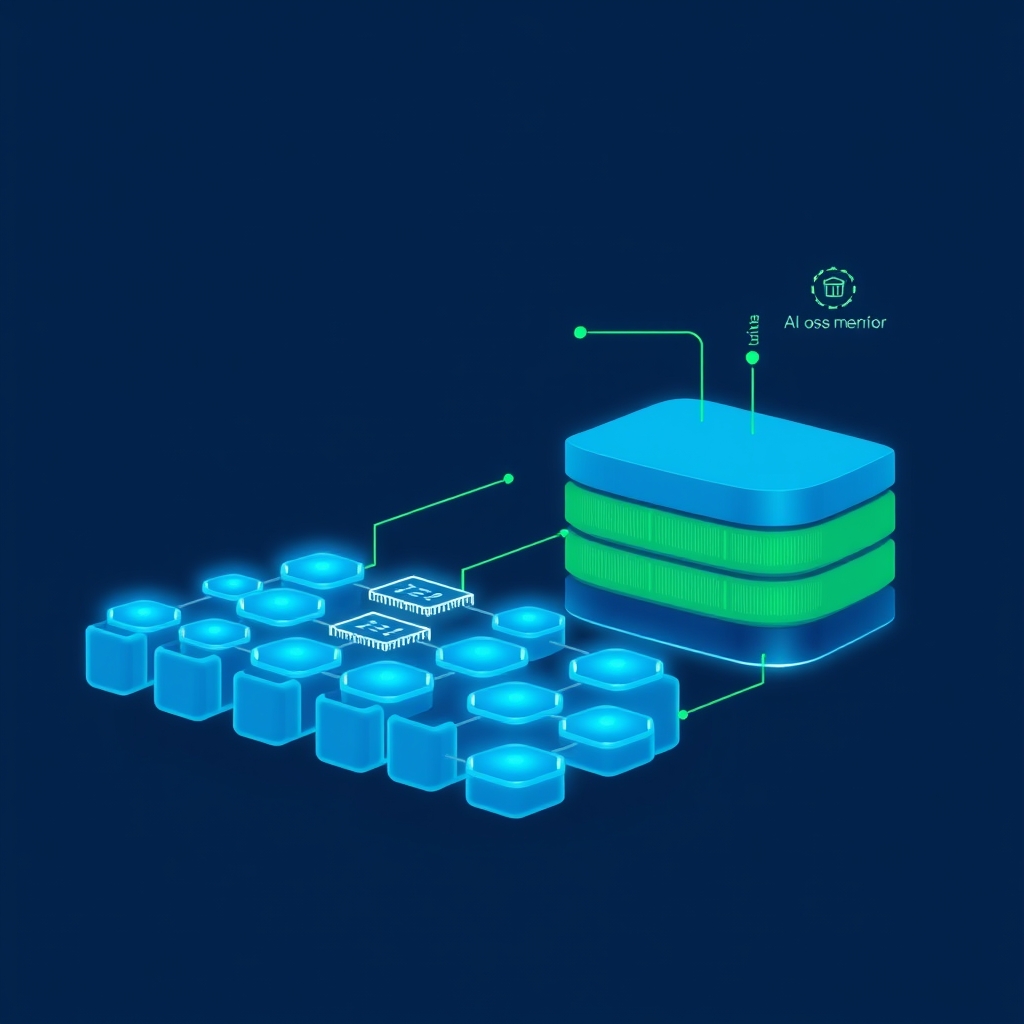 Diagramma astratto di un'architettura a due livelli per memoria AI: cache veloce in primo piano e database relazionale sullo sfondo, colori blu e verde tecnologia